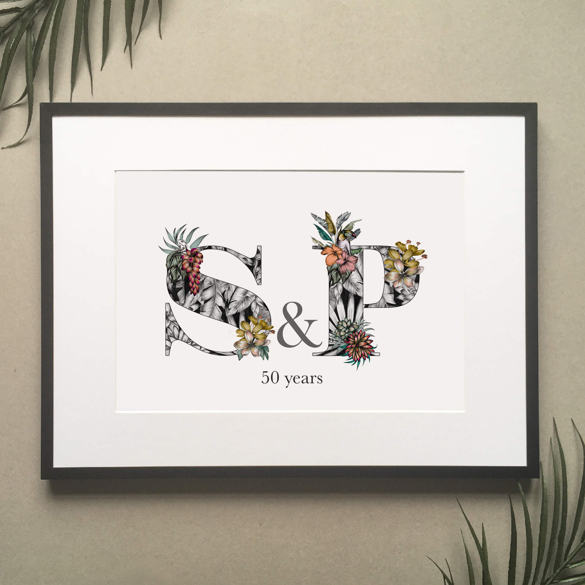 Personalised initial digital print of S & P. Initials are filled with fine liner drawings of imagery found in the rainforest. Butterflies, toucan, frog, tropical trees are included. Underneath initials ’50 years’ is printed.