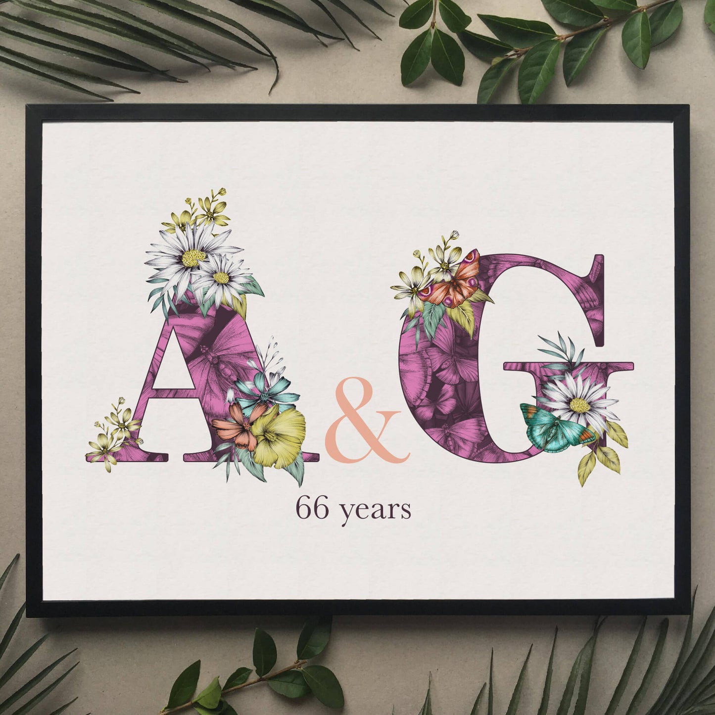 Personalised initial digital print of A & G. Initials are filled with fine liner drawings of butterflies and flowers. Underneath initials ’66 years’ is printed. Print is framed and surrounded with green leaves.