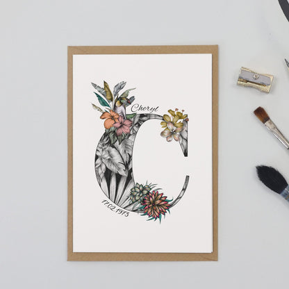 Tropical themed personalised ‘C’ initial birthday card with initial filled with hand-drawn butterflies and flowers. The recipients name and date of birth is incorporated into the design.