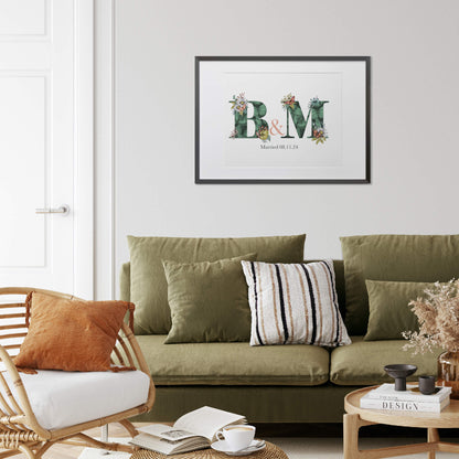 Personalised initial digital print of B & M. Under initials 'Married 09.11.24' is printed.