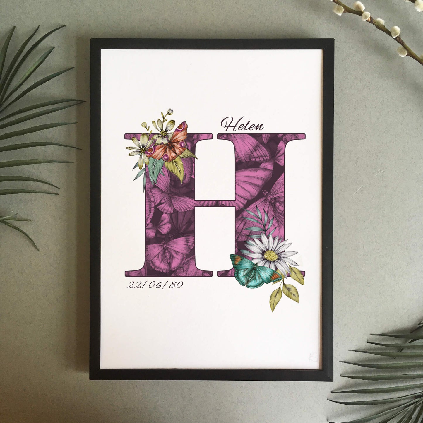 Personalised initial H print is filled with fine liner drawings of butterflies and flowers with a green theme and personalised with the recipients name and date of birth.