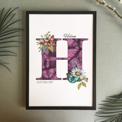 Personalised initial H print is filled with fine liner drawings of butterflies and flowers with a green theme and personalised with the recipients name and date of birth.