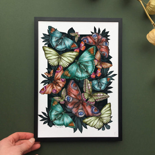 Detailed hand-drawn butterfly art print in a frame