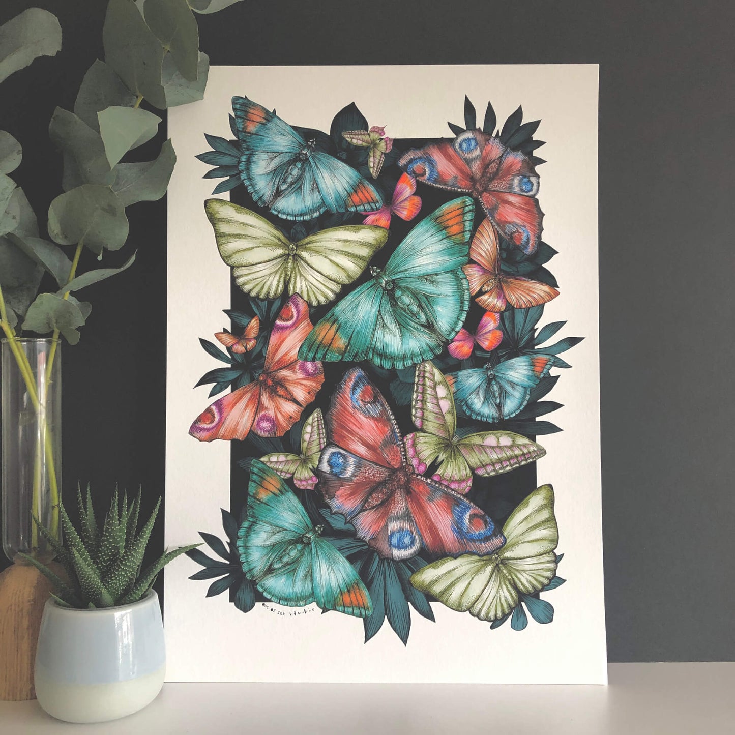 Art print of flying butterflies and moths.