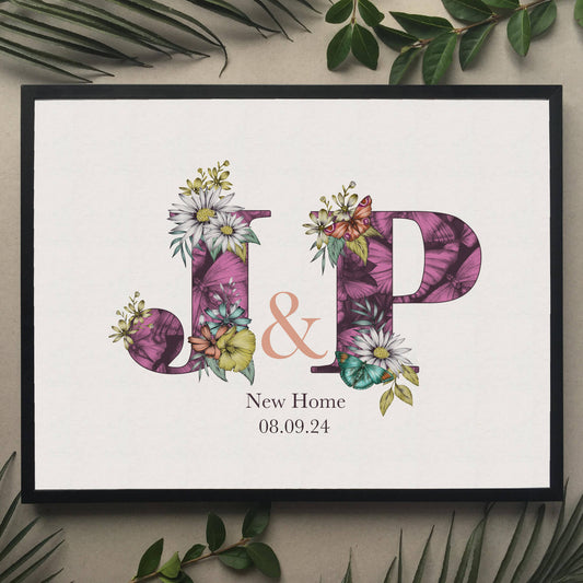 Personalised initial digital print of G & D. Initials are filled with green fine liner drawings of butterflies and flowers. Under initials ’6th  September 2024 is printed.