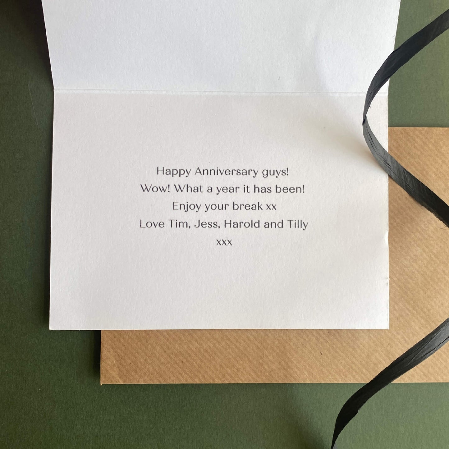 printed message inside a personalised anniversary card