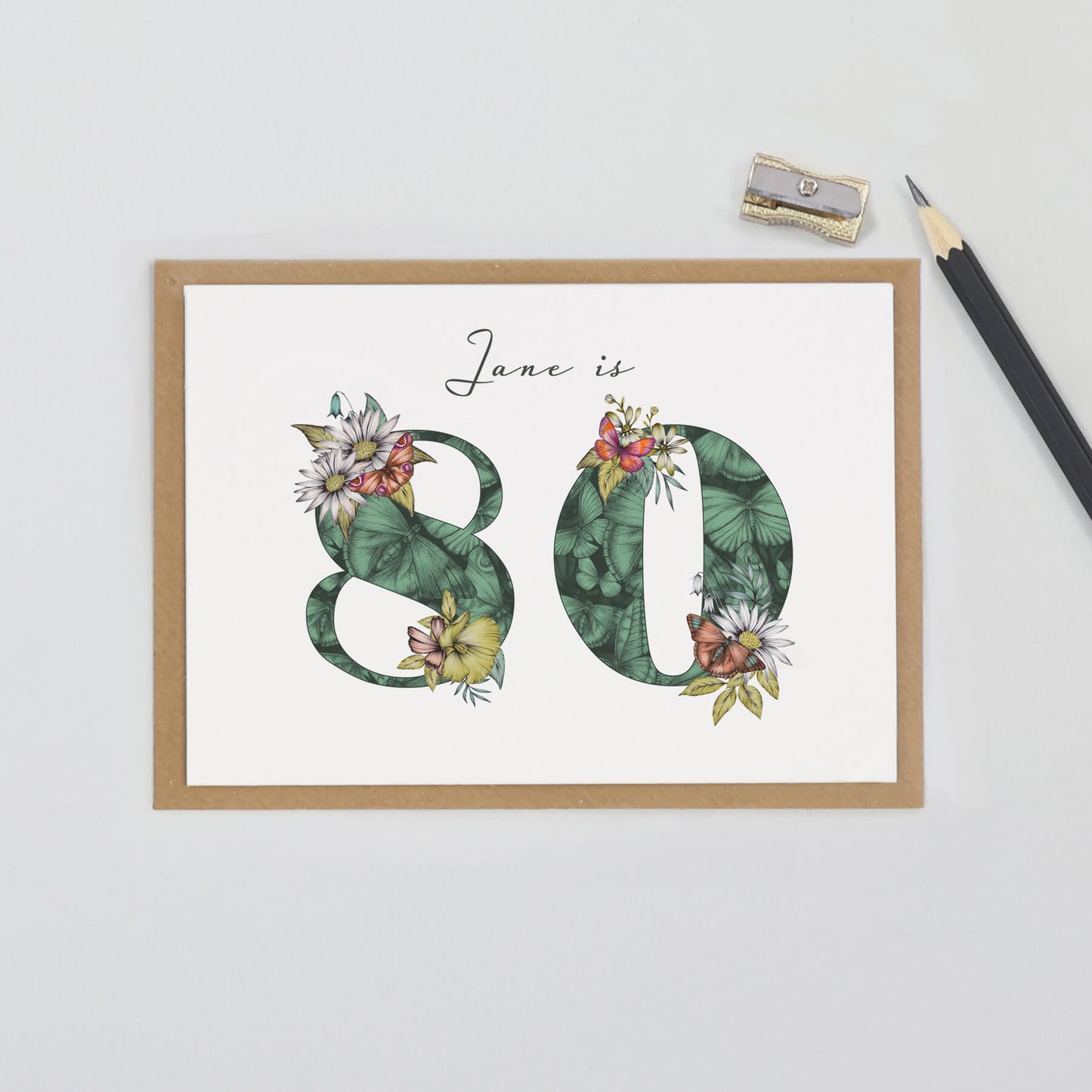 Personalised 80th birthday card with name, initial filled with hand-drawn butterflies and flowers. 