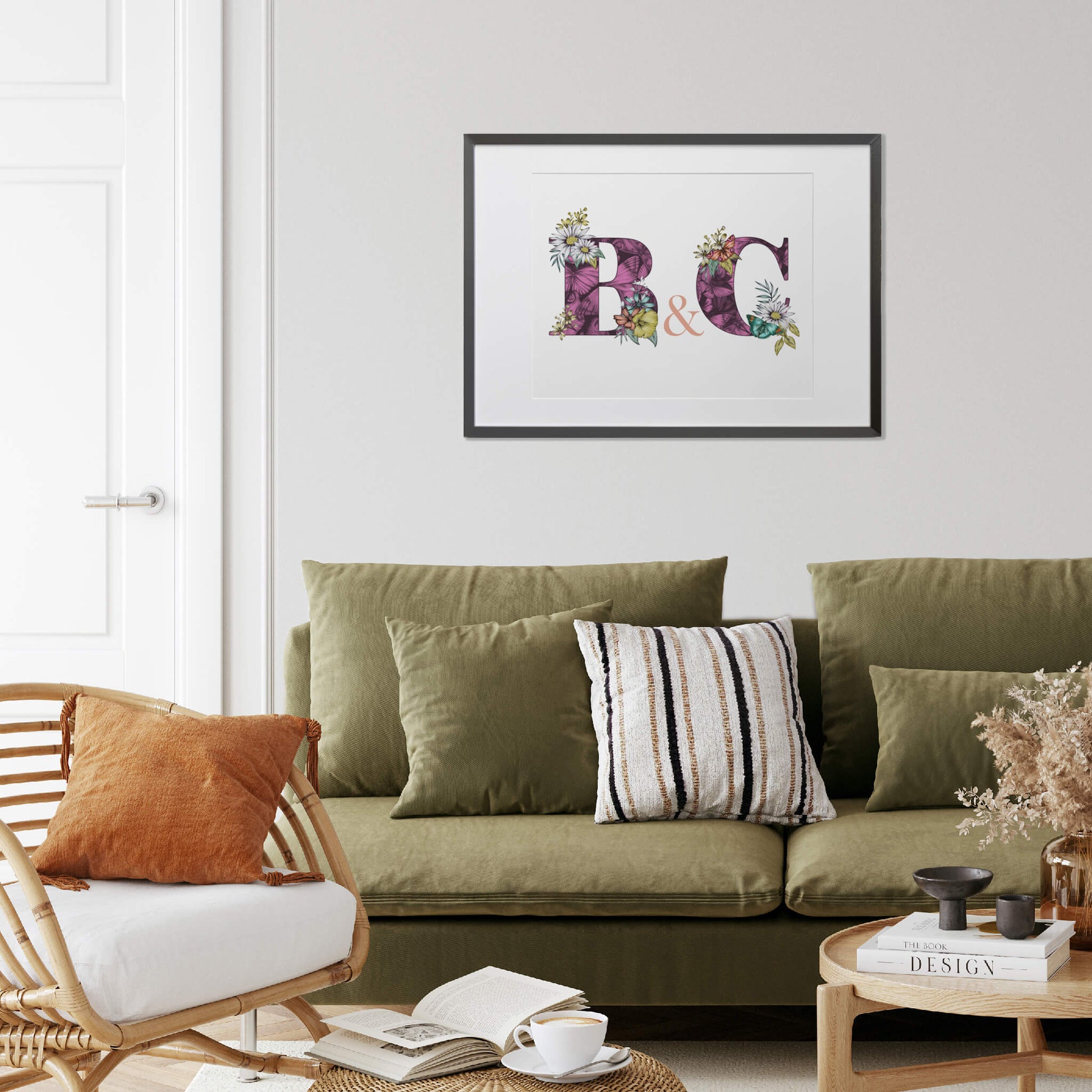 Personalised initial digital print of B & C. Initials are filled with fine liner drawings of butterflies and flowers.