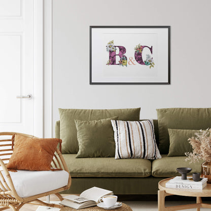 Personalised initial digital print of B & C. Initials are filled with fine liner drawings of butterflies and flowers.