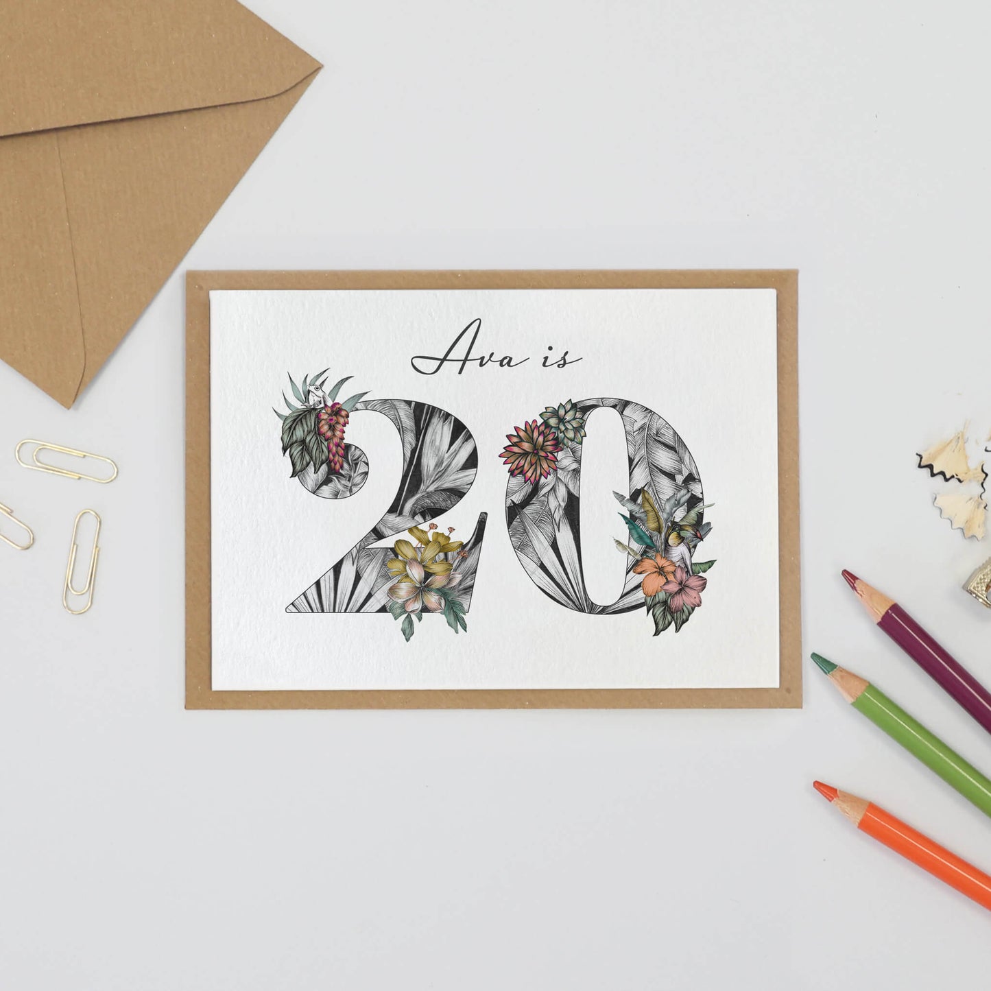 Personalised 20th birthday card with name, initial filled with hand-drawn butterflies and flowers. 