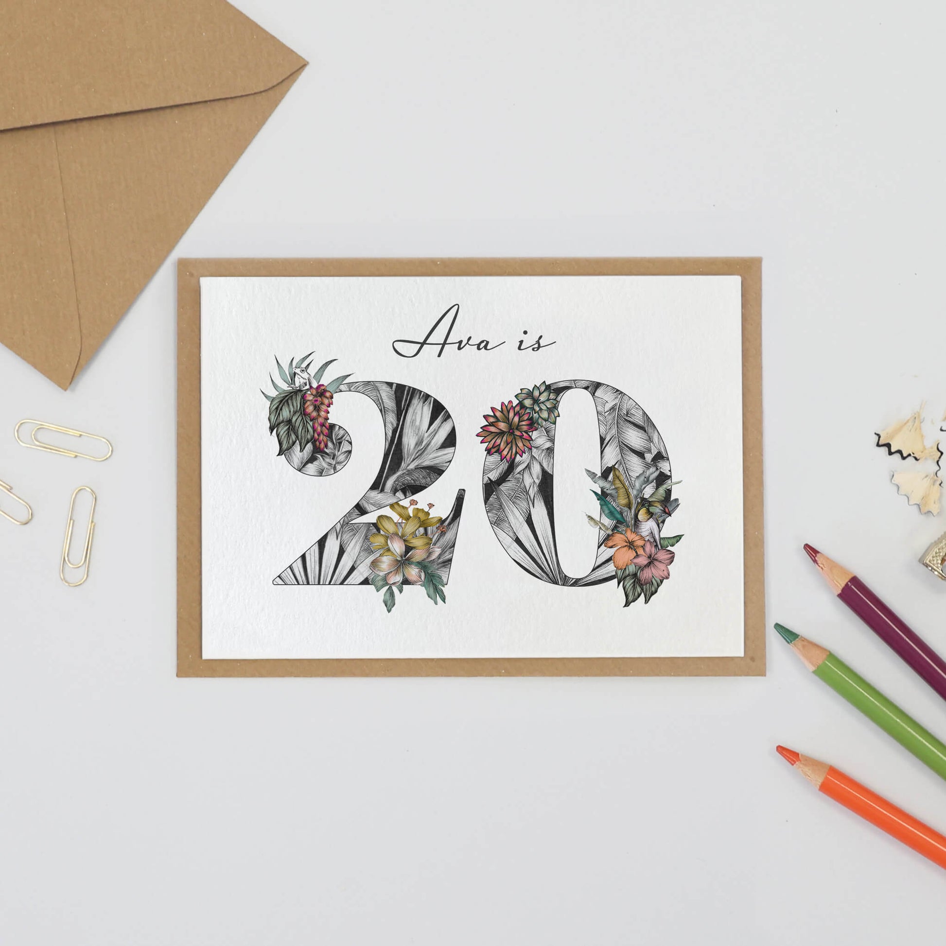 Personalised 20th birthday card with name, initial filled with hand-drawn butterflies and flowers. 