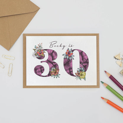 Personalised 30th birthday card with age filled with hand-drawn butterflies and flowers. Personalised with name above age.