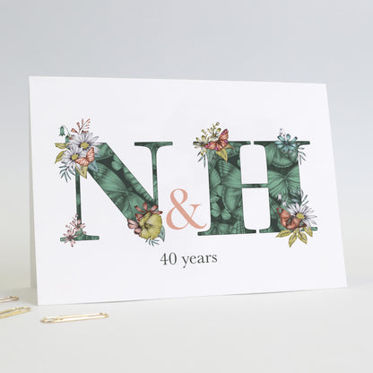 personalised initial 40 year anniversary card with n and h