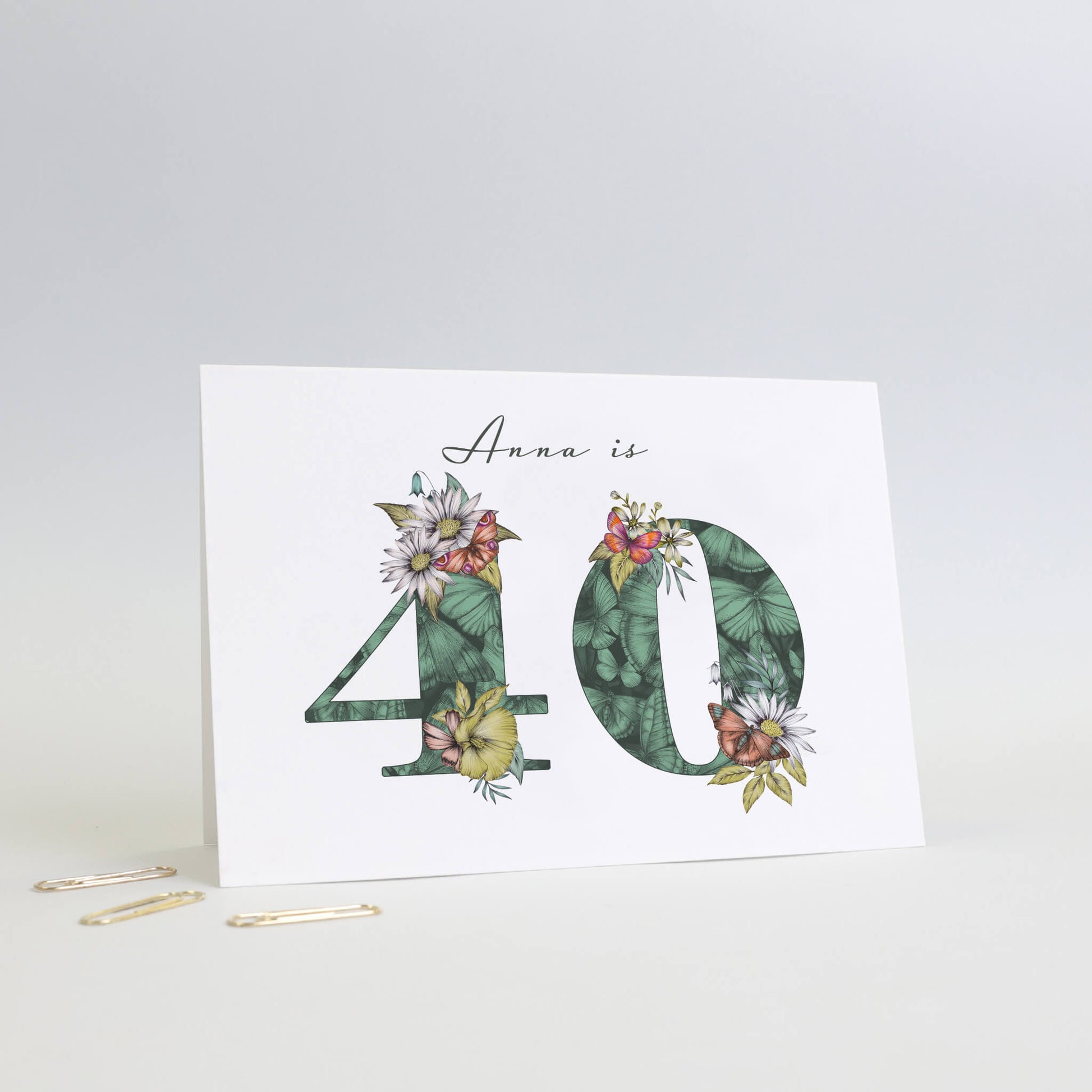 Personalised 60th birthday card with name, initial filled with hand-drawn butterflies and flowers. 