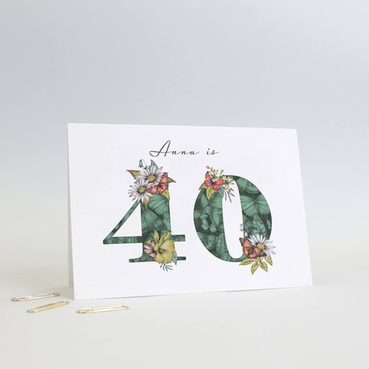 Personalised 60th birthday card with name, initial filled with hand-drawn butterflies and flowers. 