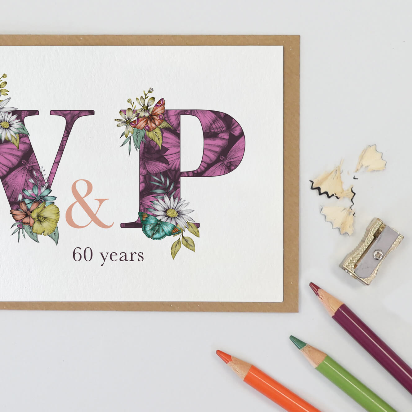 personalised 60th anniversary card featuring a v and p