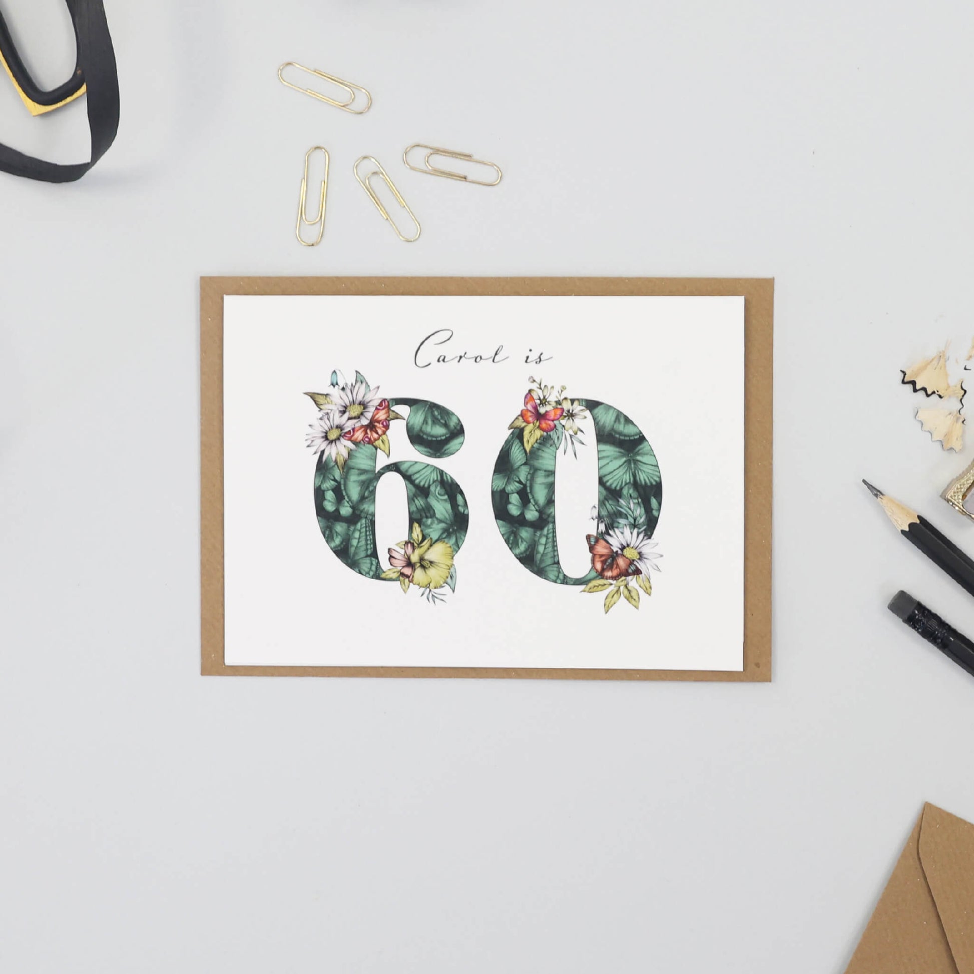 Personalised 60th birthday card with name, initial filled with hand-drawn butterflies and flowers. 