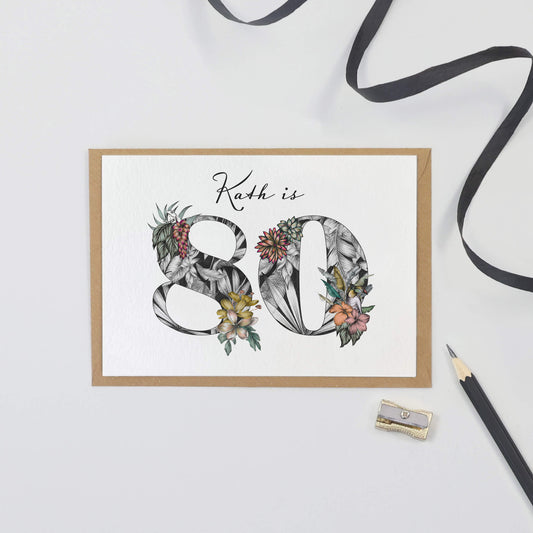 Personalised 80th birthday card with name, initial filled with hand-drawn butterflies and flowers. 