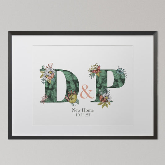 Personalised initial digital print of D & P. Initials are filled with fine liner drawings of butterflies and flowers.