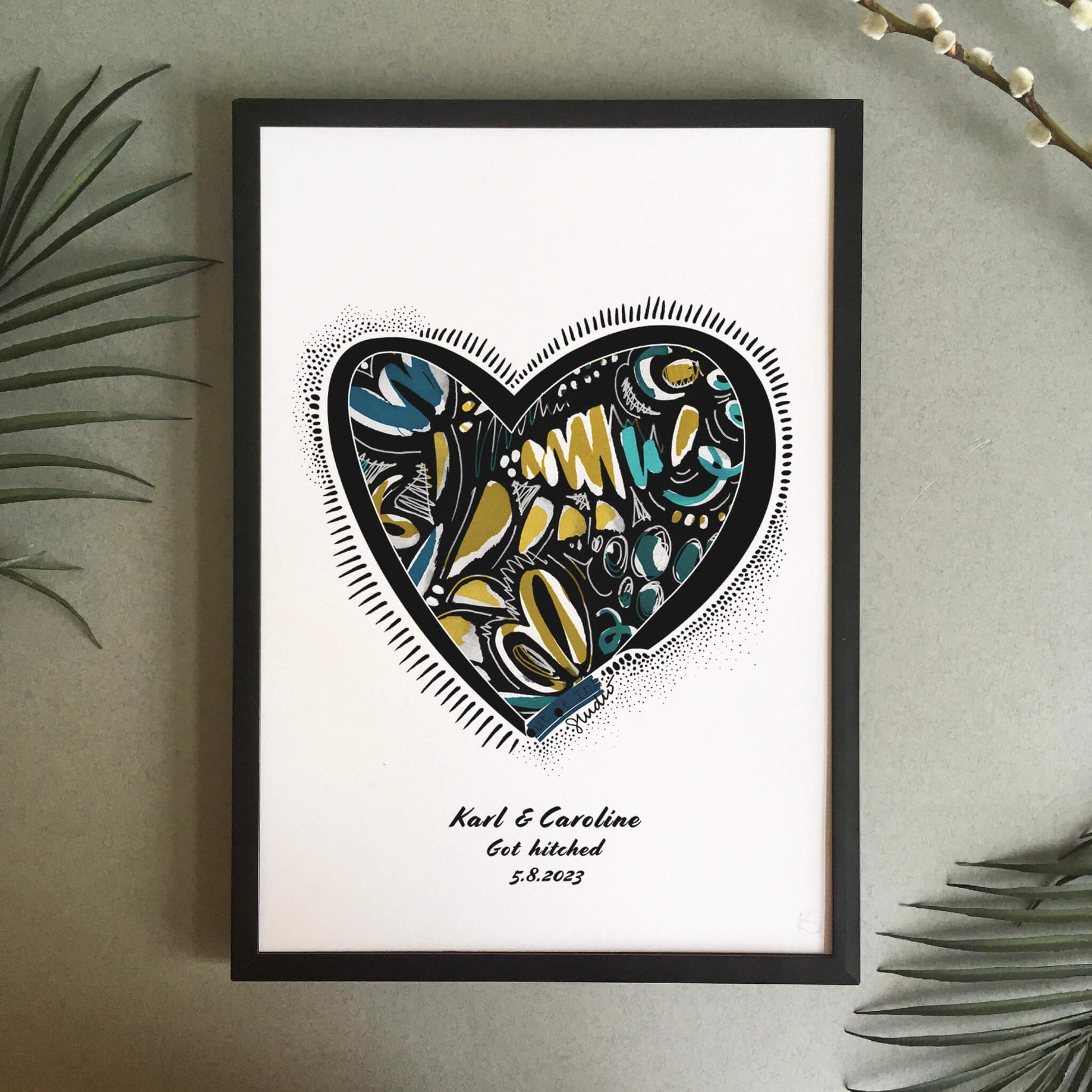 Personalised heart print  filled with abstract ink doodle in mustard and teal. Personalised with the recipients names, got hitched and date of wedding.