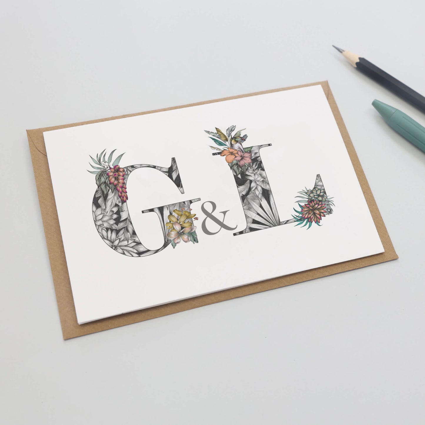 personalised g and l initials printed on a card for a personalised house warming card