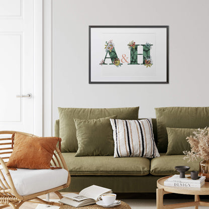 Personalised initial digital print of A & H Initials are filled with fine liner drawings of Butterflies and flowers. The print is framed and hanging on the wall above a green sofa.