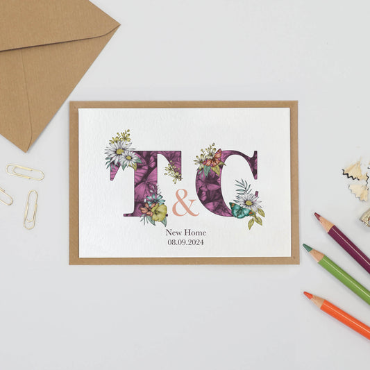 Personalised Initial housewarming Card for couple- Purple Butterfly Theme