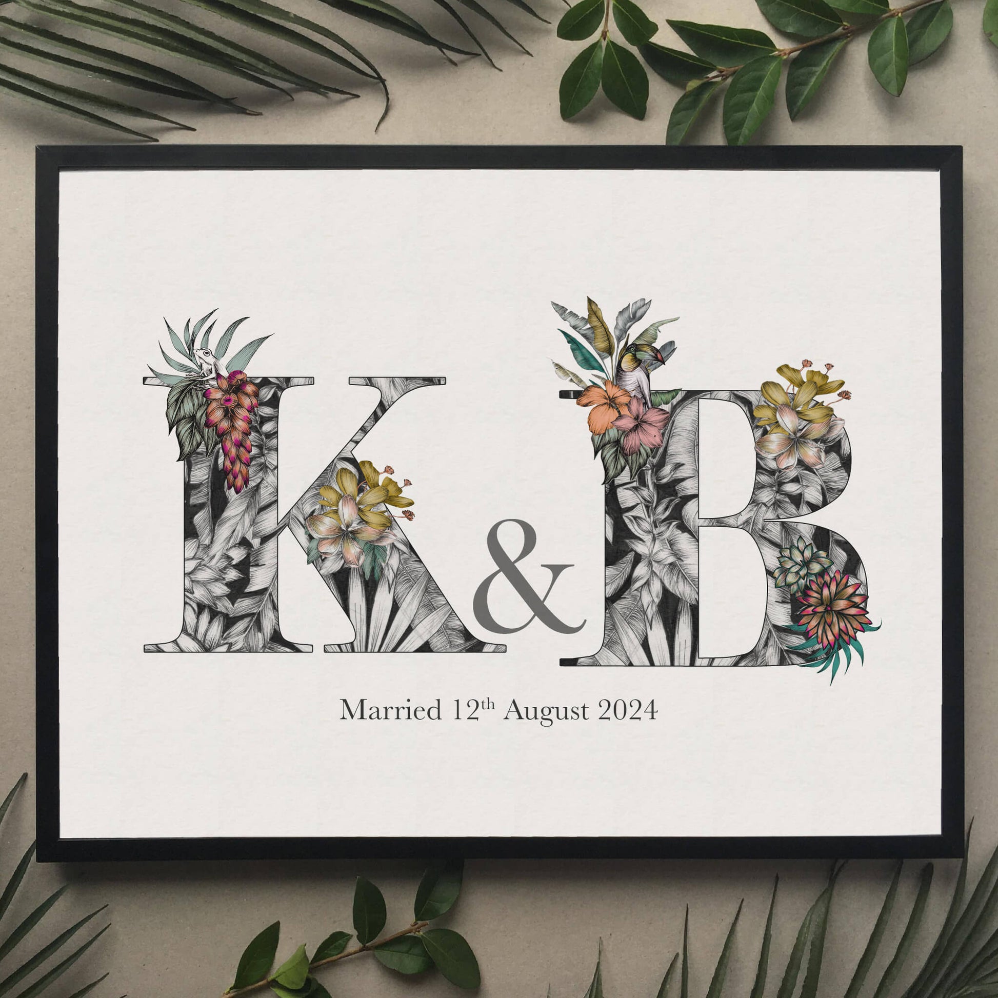 Personalised initial digital print of K & B. Initials are filled with fine liner drawings of butterflies and flowers. Print is framed and surrounded with green leaves.