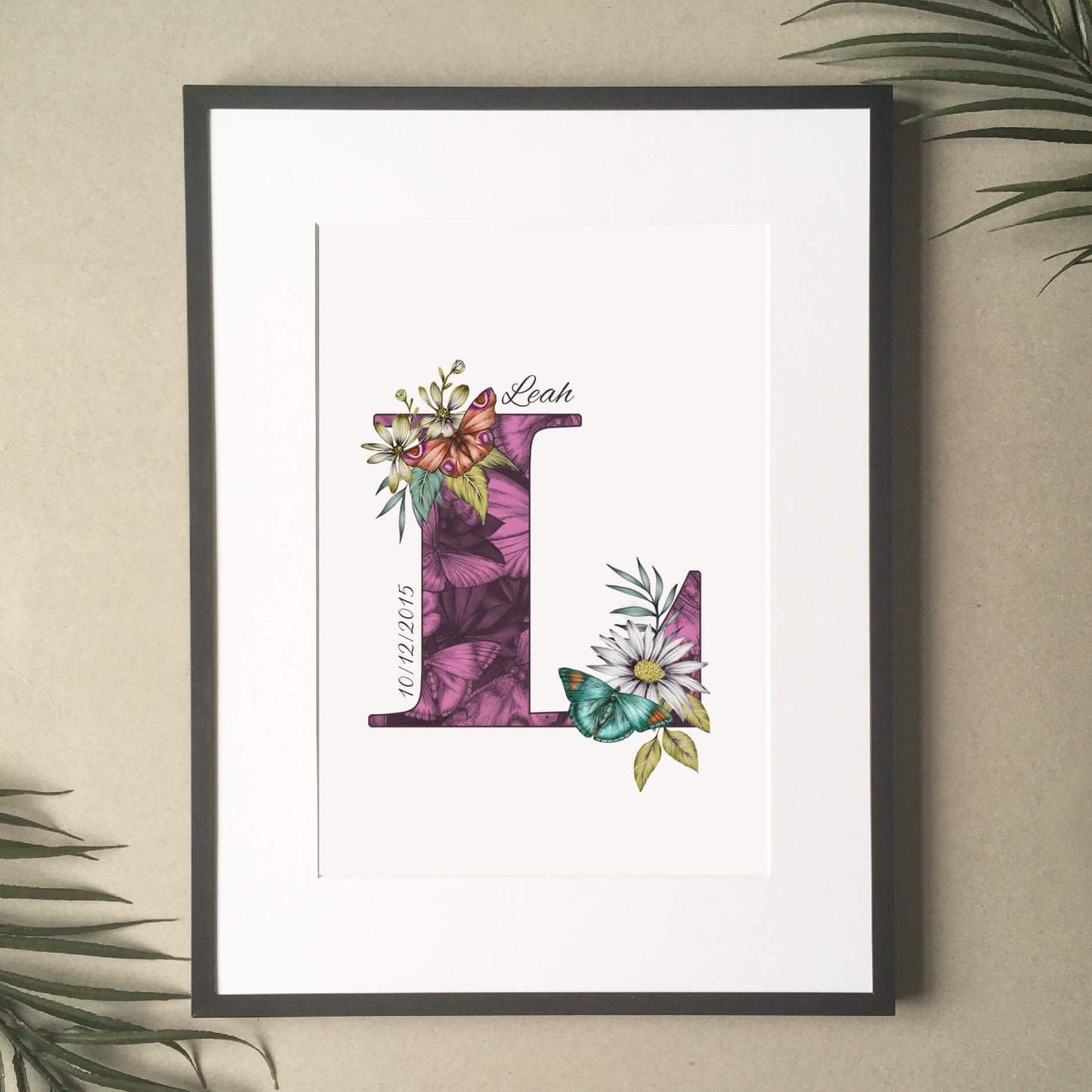 Personalised initial L print is filled with fine liner drawings of butterflies and flowers with a green theme and personalised with the recipients name and date of birth.