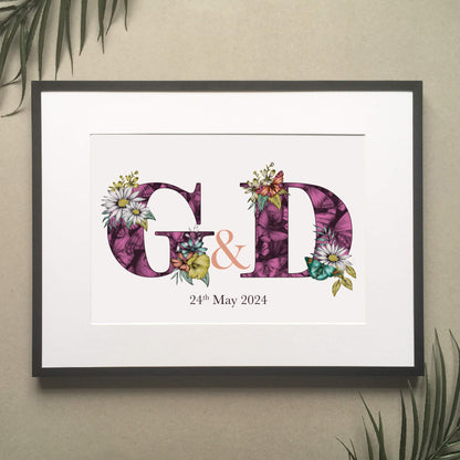 Personalised initial digital print of G & D. Initials are filled with purple fine liner drawings of butterflies and flowers. Under initials 24th May 2024 is printed.