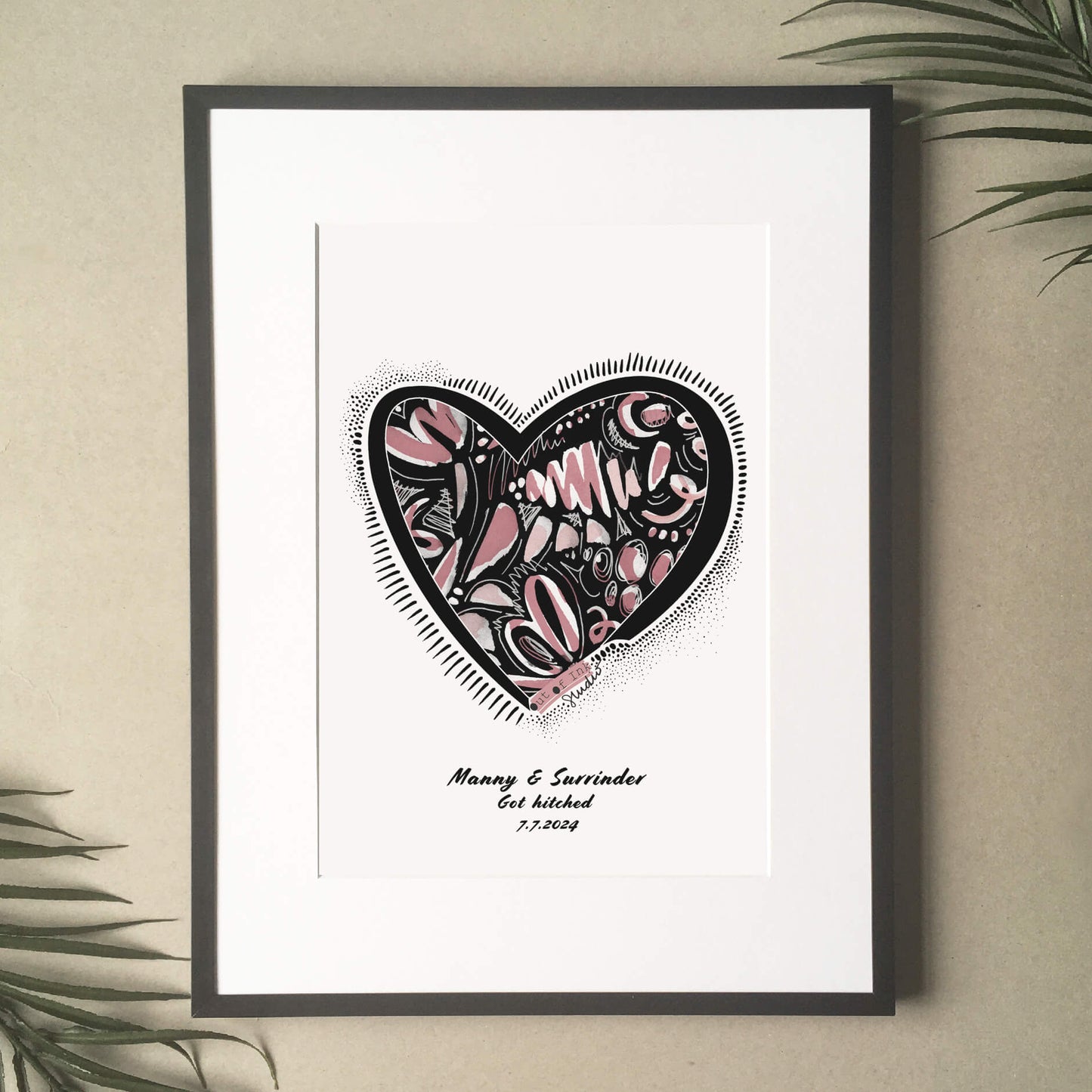 Personalised heart print  filled with abstract ink doodle in pink. Personalised with the recipients names, got hitched and date of wedding. In a slim black frame with mount.