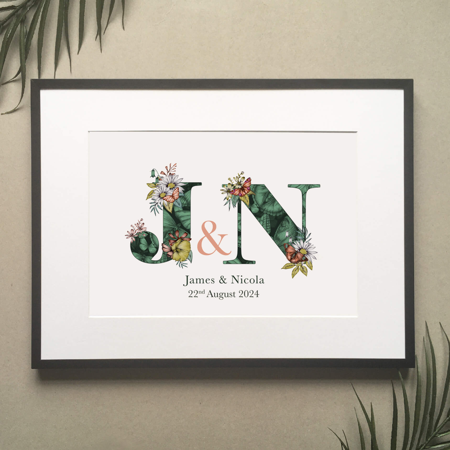 Personalised initial digital print of J & N. Under initials ‘James and Nicola are printed and under that their wedding date ‘22nd August 2024 is also printed.