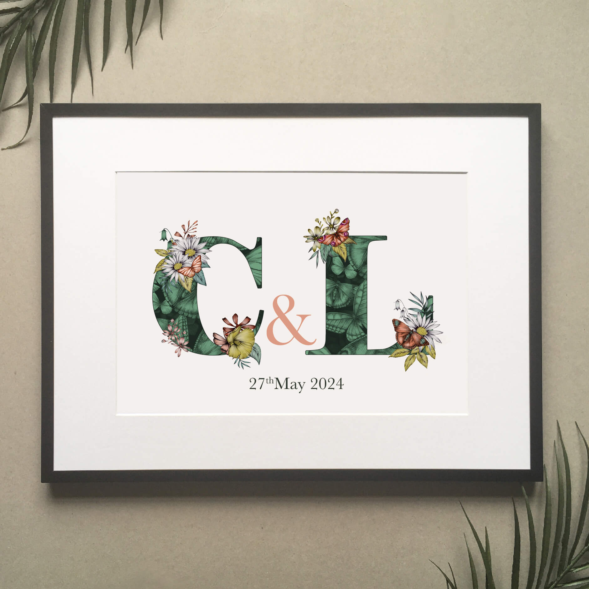 Personalised initial digital print of C & L. Under initials their wedding date -12th May 2024 is printed.