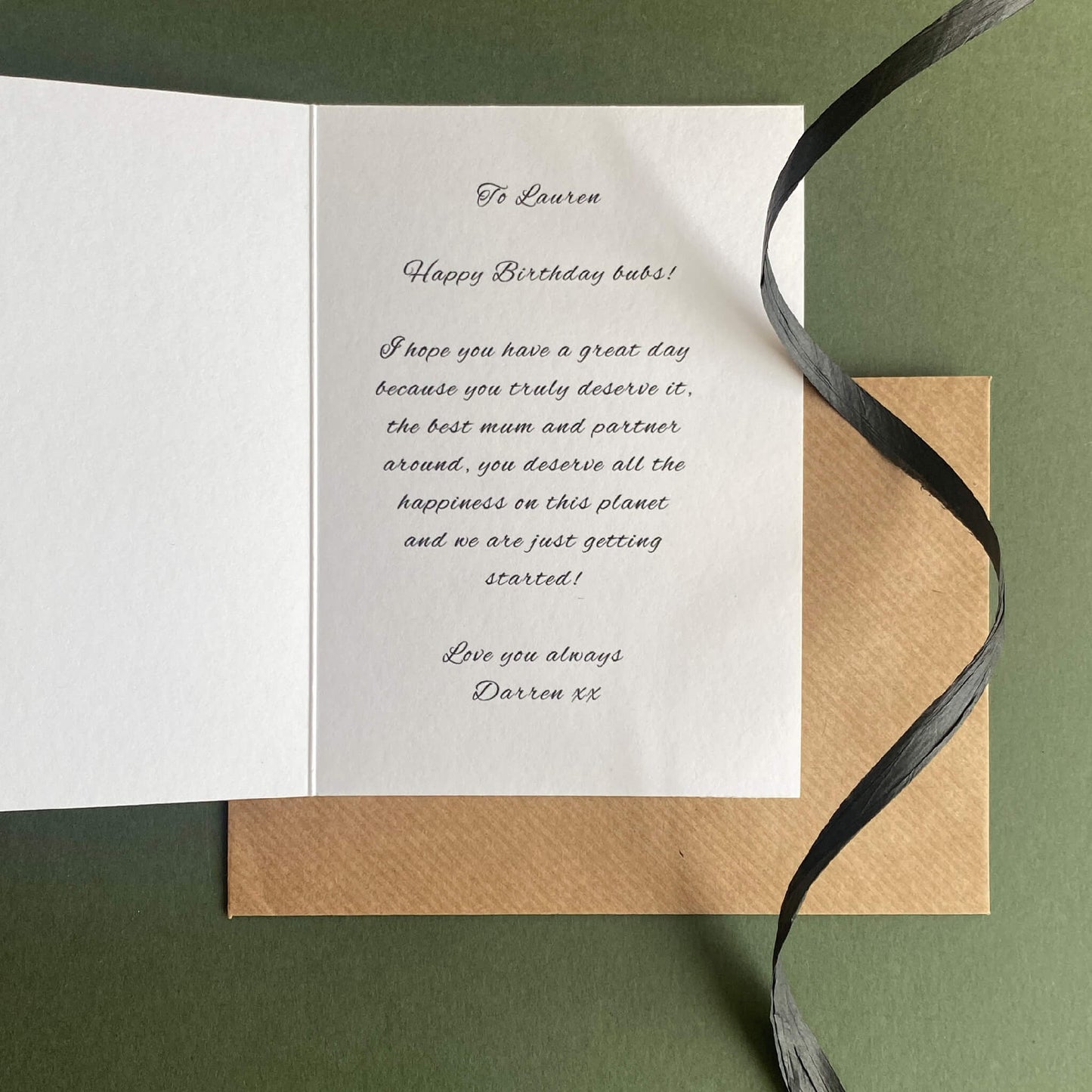 view of a printed message inside a personalised birthday card