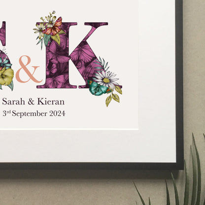 Close up of personalised initial digital print of S & K. Initials are filled with purple fine liner drawings of butterflies and flowers. Under initials ’Sarah and Kieran are printed and under that their wedding date ‘3rd September 2024 is also printed.